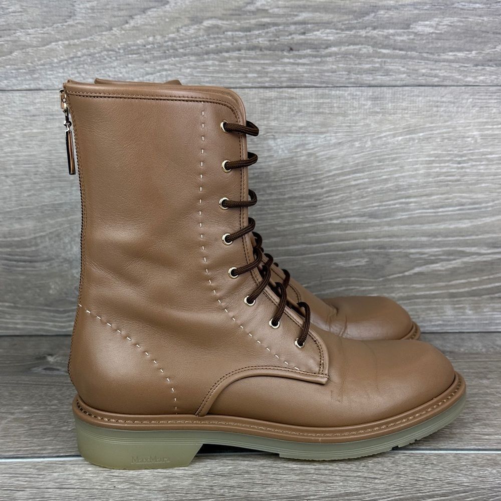 MaxMara Hazelnut Brown Calfskin Women’s Sz 8/EU 38 Rear Zip Lace Up Combat Boots